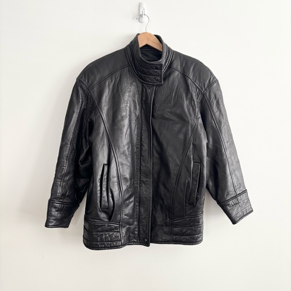 Vintage Danier Black Leather Bomber Moto Zip Up Jacket - Picture 2 of 16